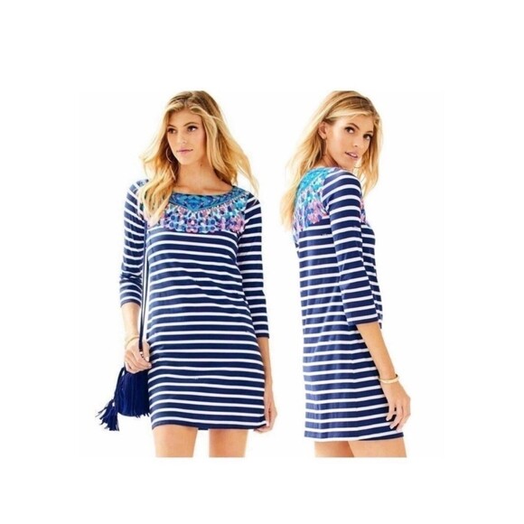 Lilly‎ Pulitzer Women's Size XL Bay Dress Bright Navy Island Medallion Stripe - Picture 1 of 11